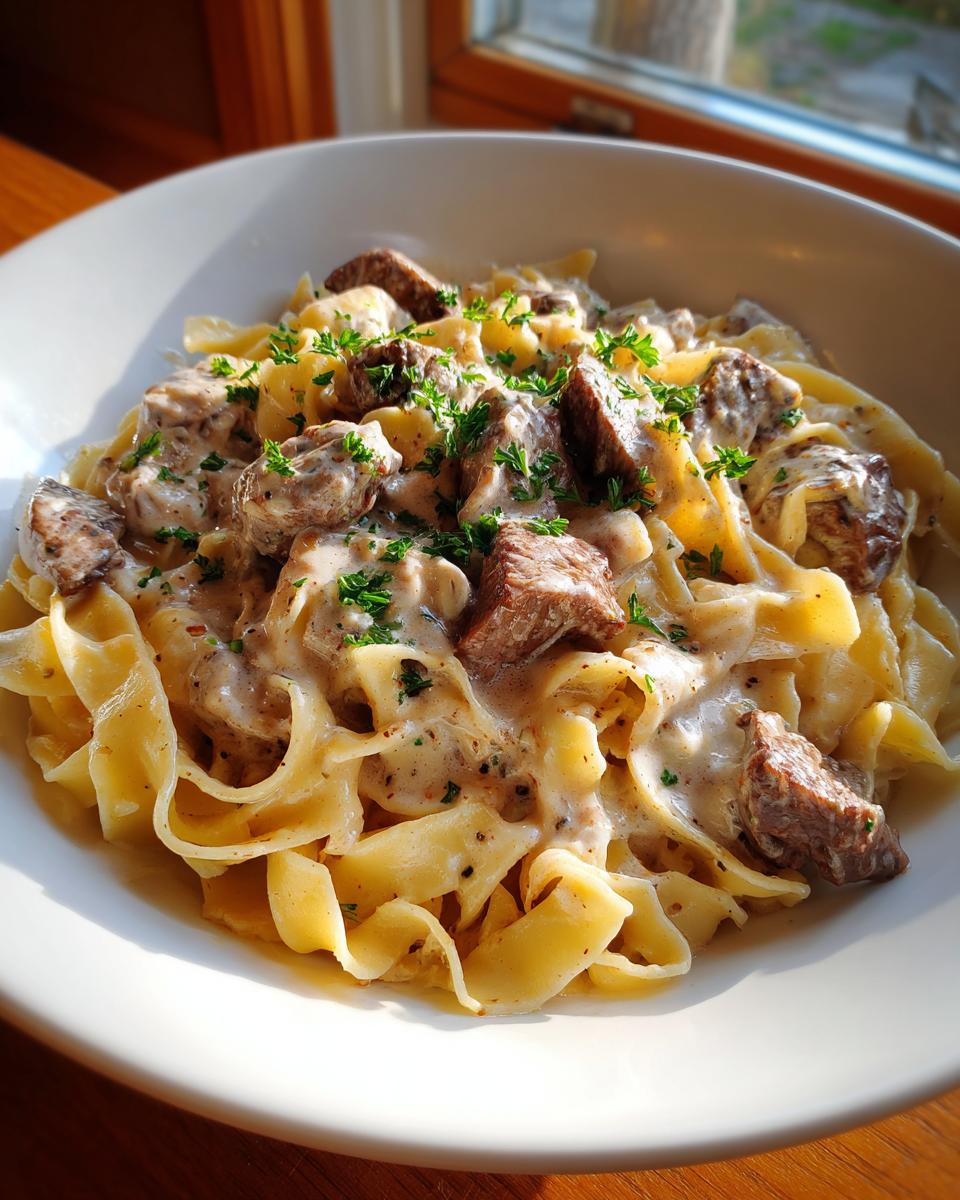 Nahaufnahme von Tagliatelle mit Steakstreifen in Pfefferrahm, garniert mit Petersilie.