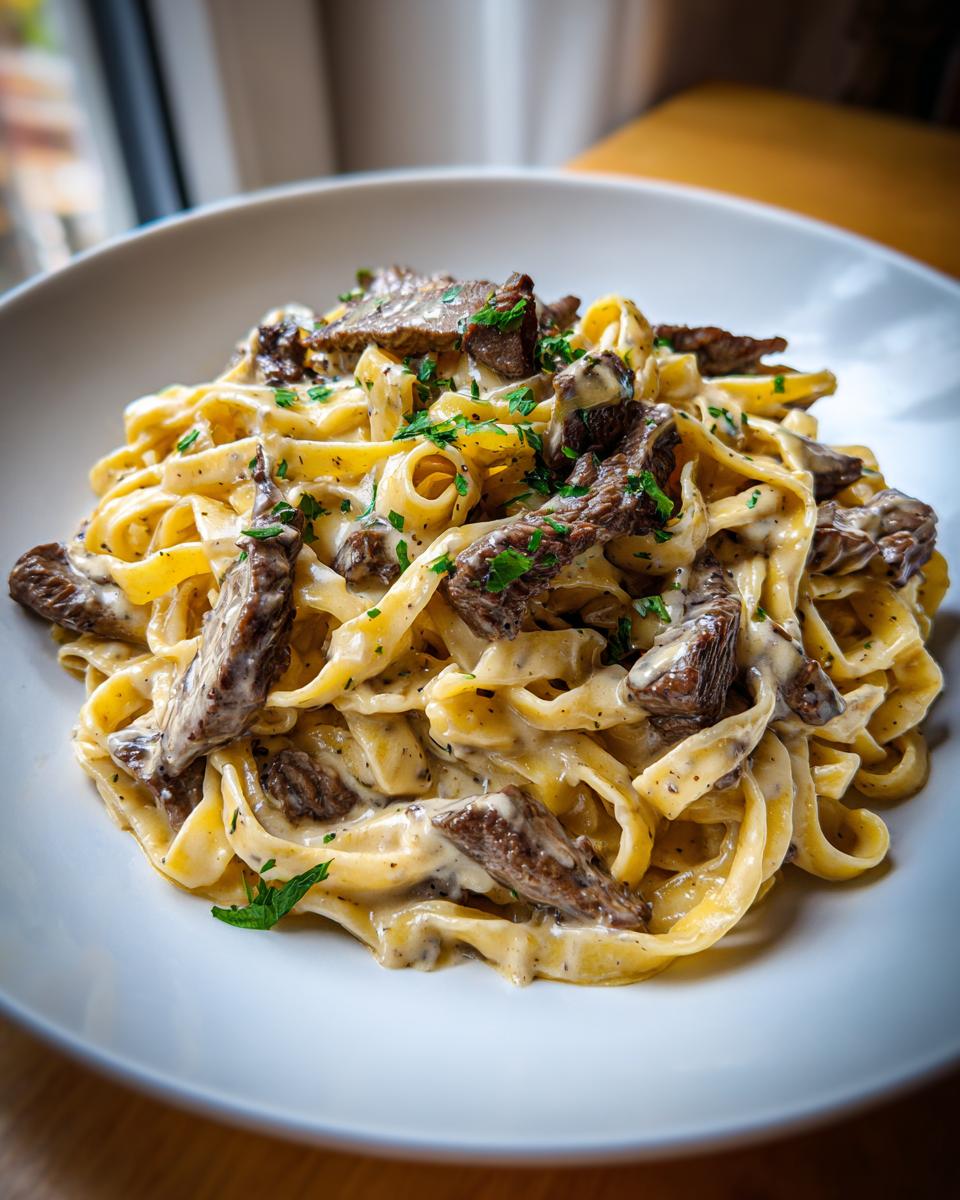 Teller mit cremigen Tagliatelle mit Steakstreifen in Pfefferrahm, garniert mit Petersilie.