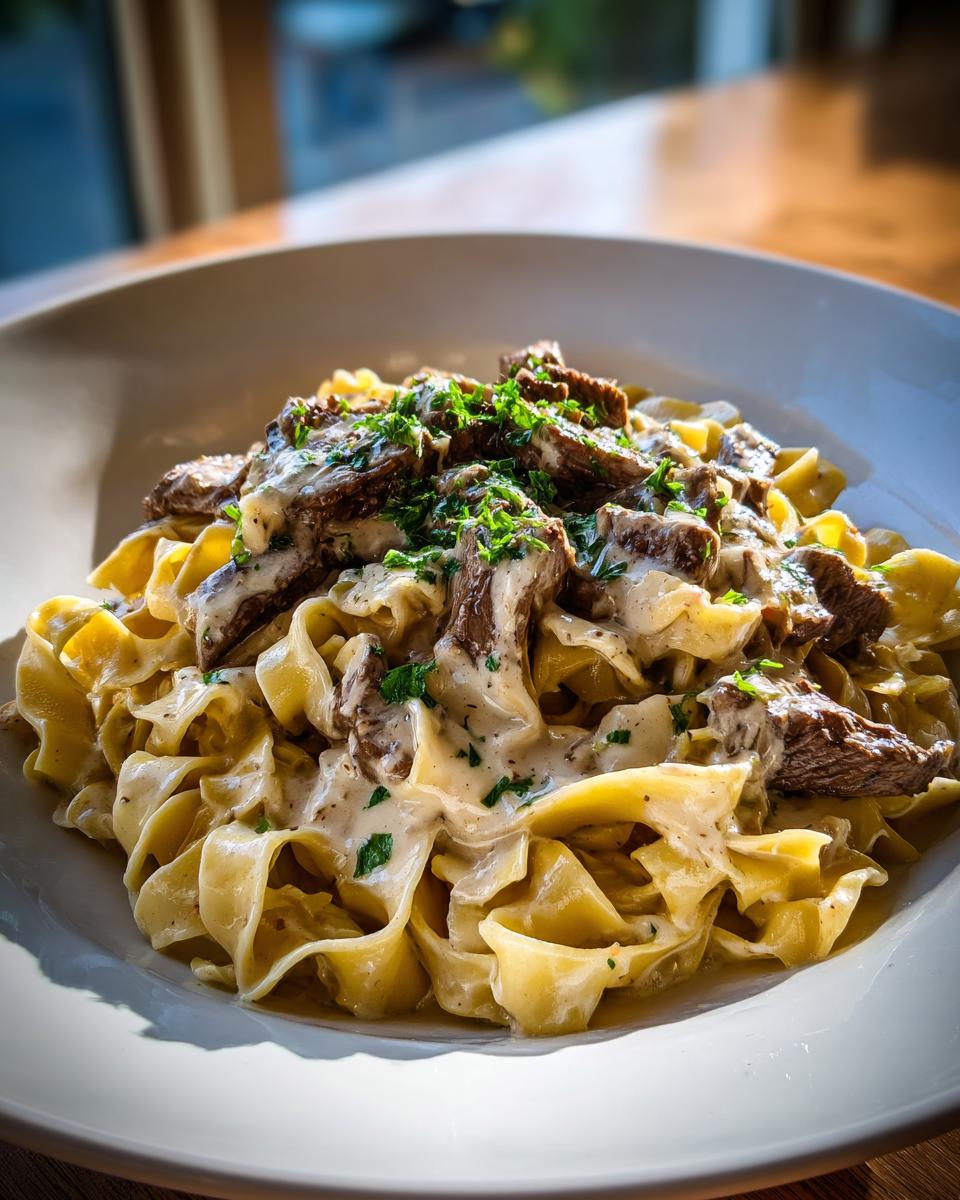 Teller mit Tagliatelle mit Steakstreifen in Pfefferrahm, üppig garniert mit Petersilie.
