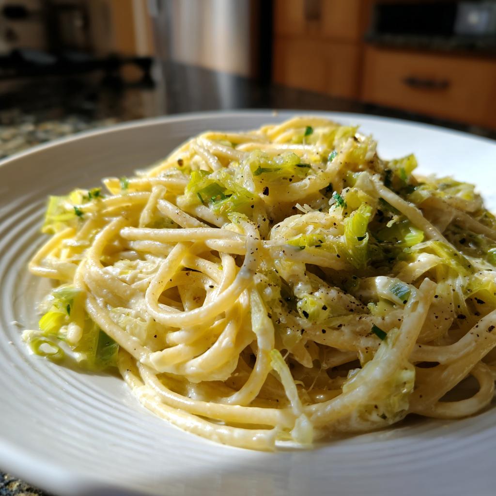 Nahaufnahme von cremigen Lauch-Nudeln, üppig mit viel schwarzem Pfeffer bestreut, auf einem weißen Teller.
