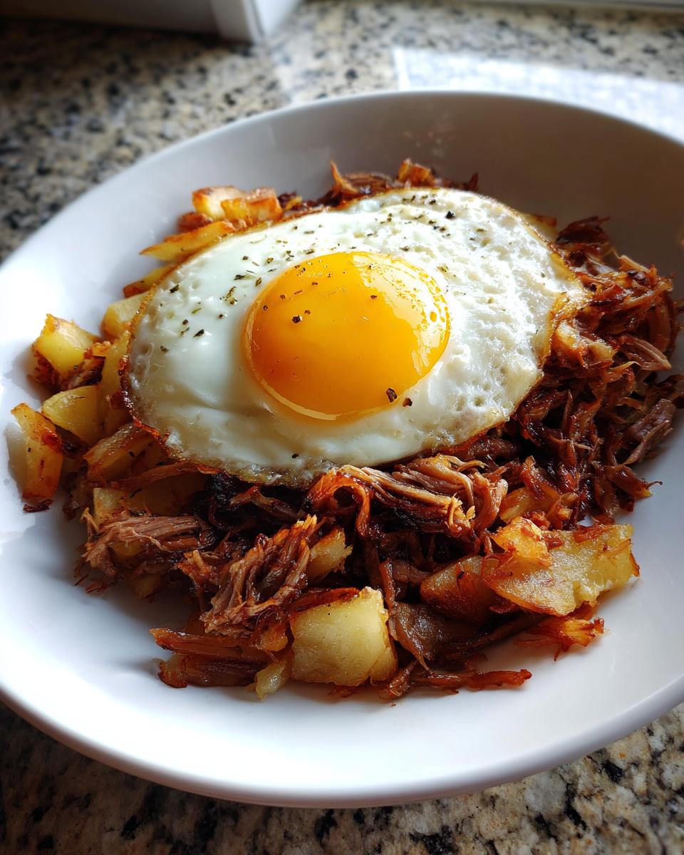 Nahaufnahme von Tiroler Gröstl mit Spiegelei: knusprige Kartoffeln, gezupftes Fleisch und ein Spiegelei mit flüssigem Eigelb.