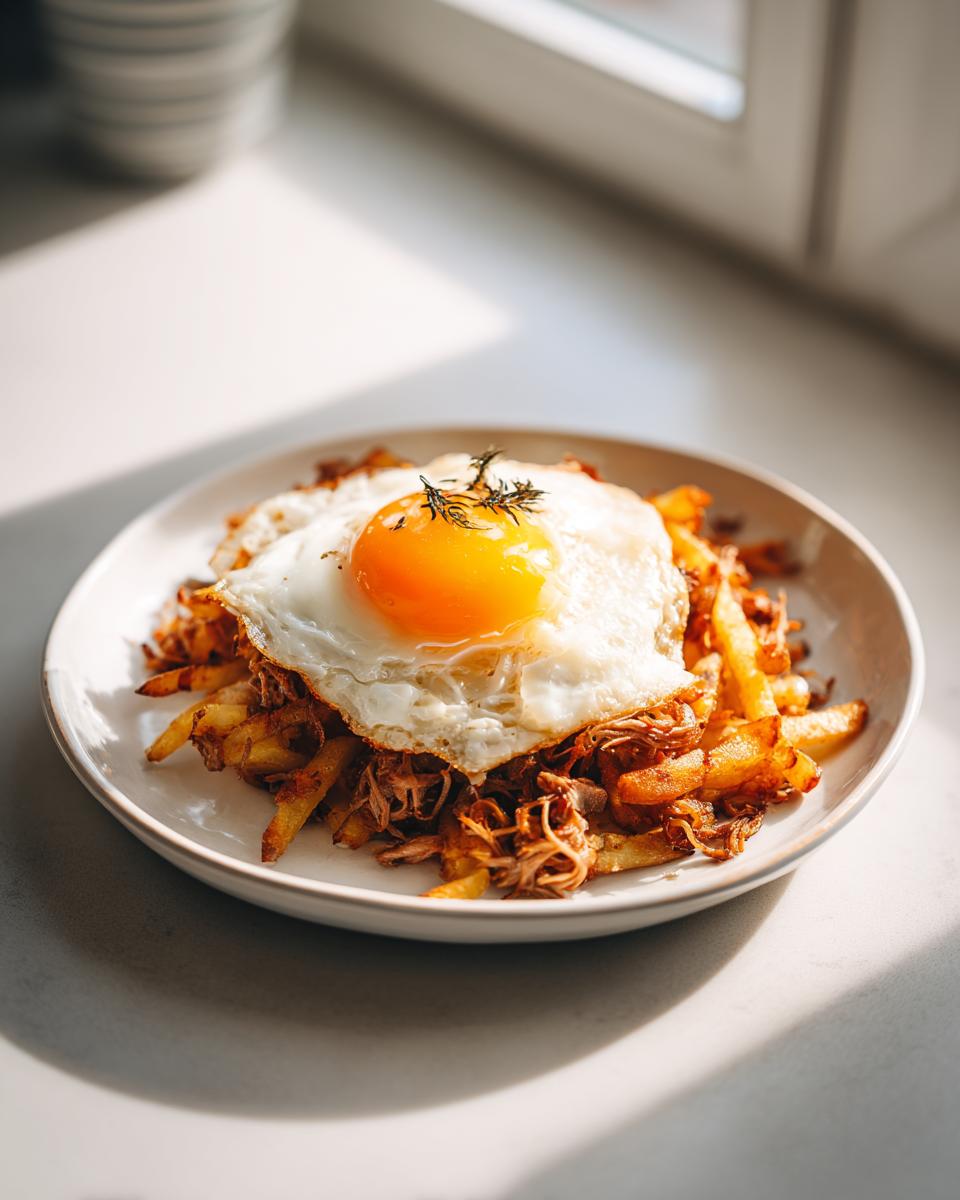 Teller mit herzhaftem Tiroler Gröstl mit Spiegelei, knusprigen Kartoffeln und Fleisch.