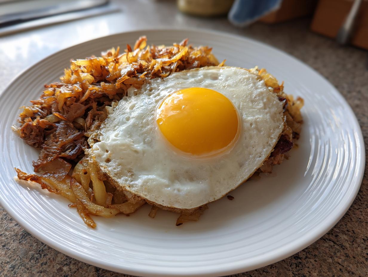 Ein Teller mit deftigem Tiroler Gröstl mit knusprigen Bratkartoffeln und einem Spiegelei obendrauf.