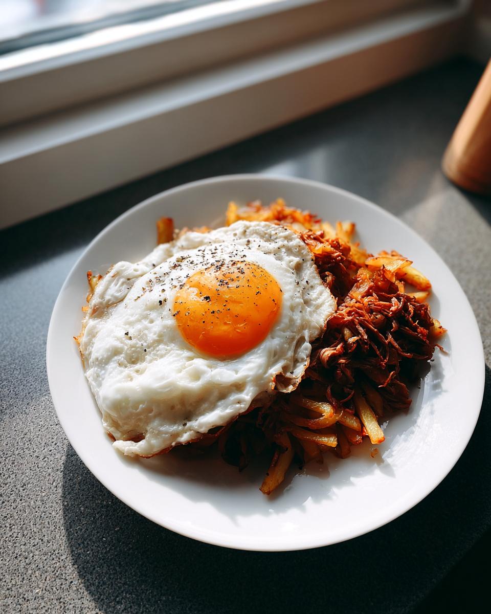 Ein Teller mit deftigem Tiroler Gröstl mit Spiegelei, schön gebräunte Kartoffeln und Fleisch.
