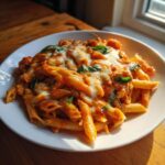 Nahaufnahme einer Tellerportion Tomaten-Mozzarella-Nudelpfanne mit geschmolzenem Käse und Basilikumblättern.