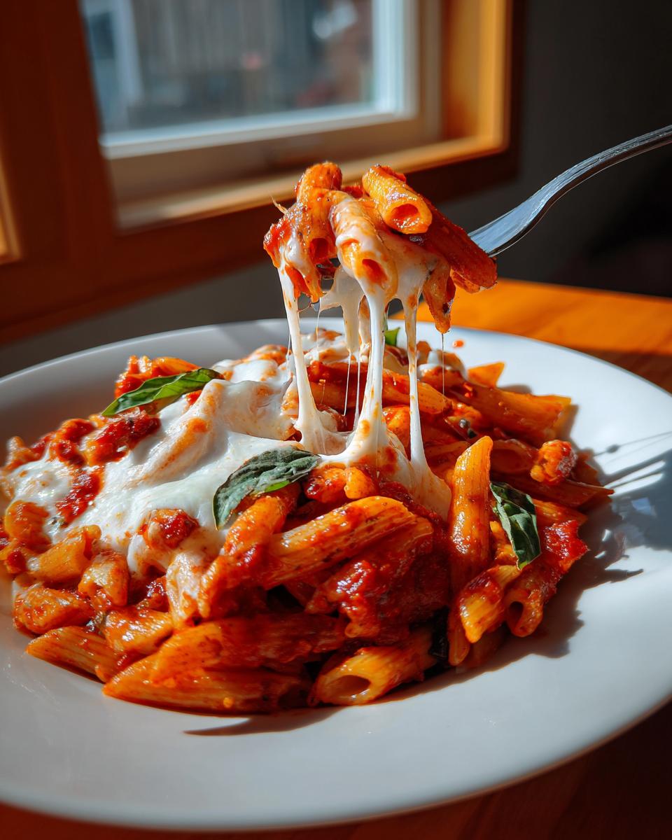 Gabel zieht Penne aus einer Tomaten-Mozzarella-Nudelpfanne, dabei zieht der geschmolzene Käse lange Fäden.