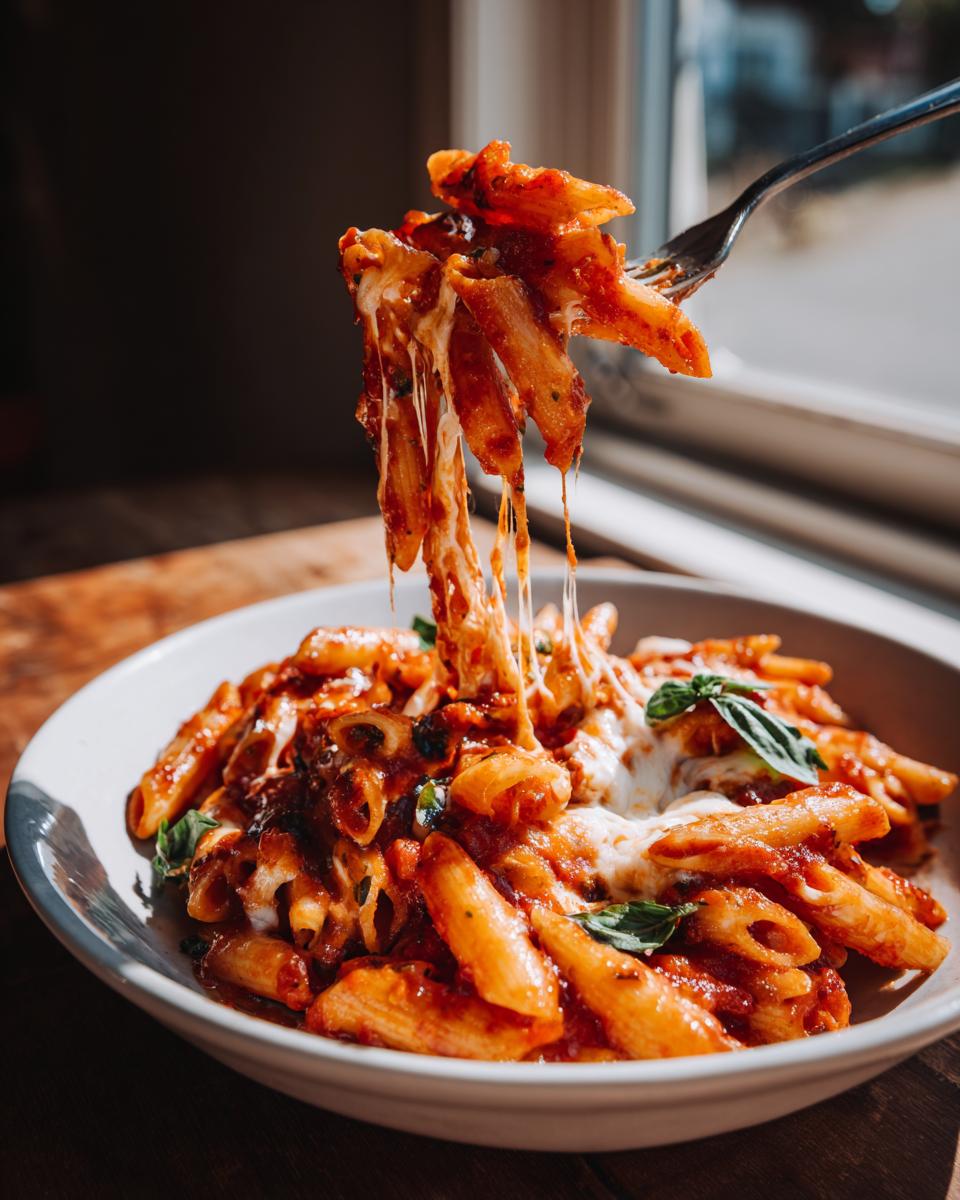 Gabel zieht Penne aus der Tomaten-Mozzarella-Nudelpfanne, mit langgezogenem, geschmolzenem Mozzarella.