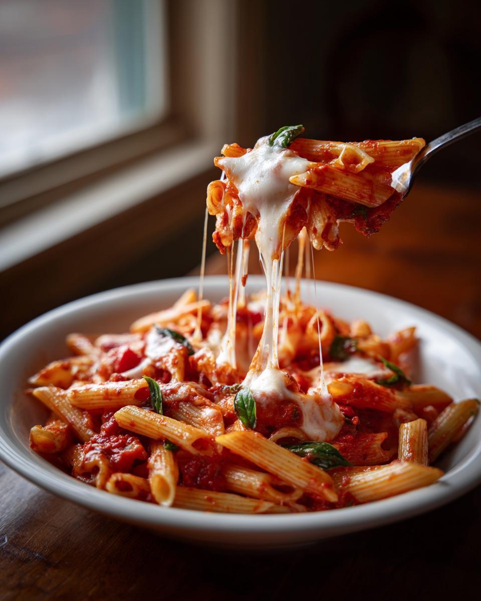 Gabel mit Penne, bedeckt mit geschmolzenem Mozzarella, der Fäden zieht, aus der Tomaten-Mozzarella-Nudelpfanne.