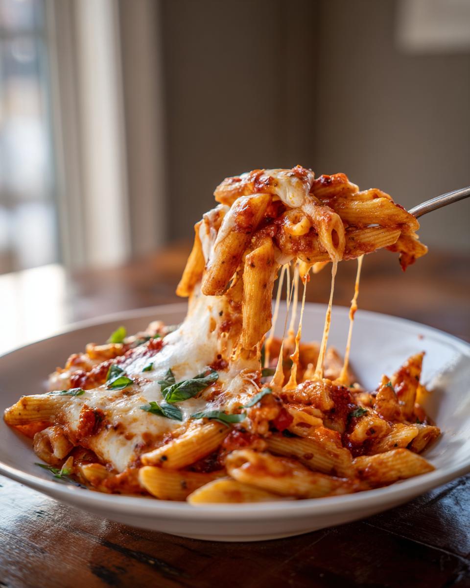 Gabel mit Penne aus der Tomaten-Mozzarella-Nudelpfanne, der geschmolzene Käse zieht lange Fäden.