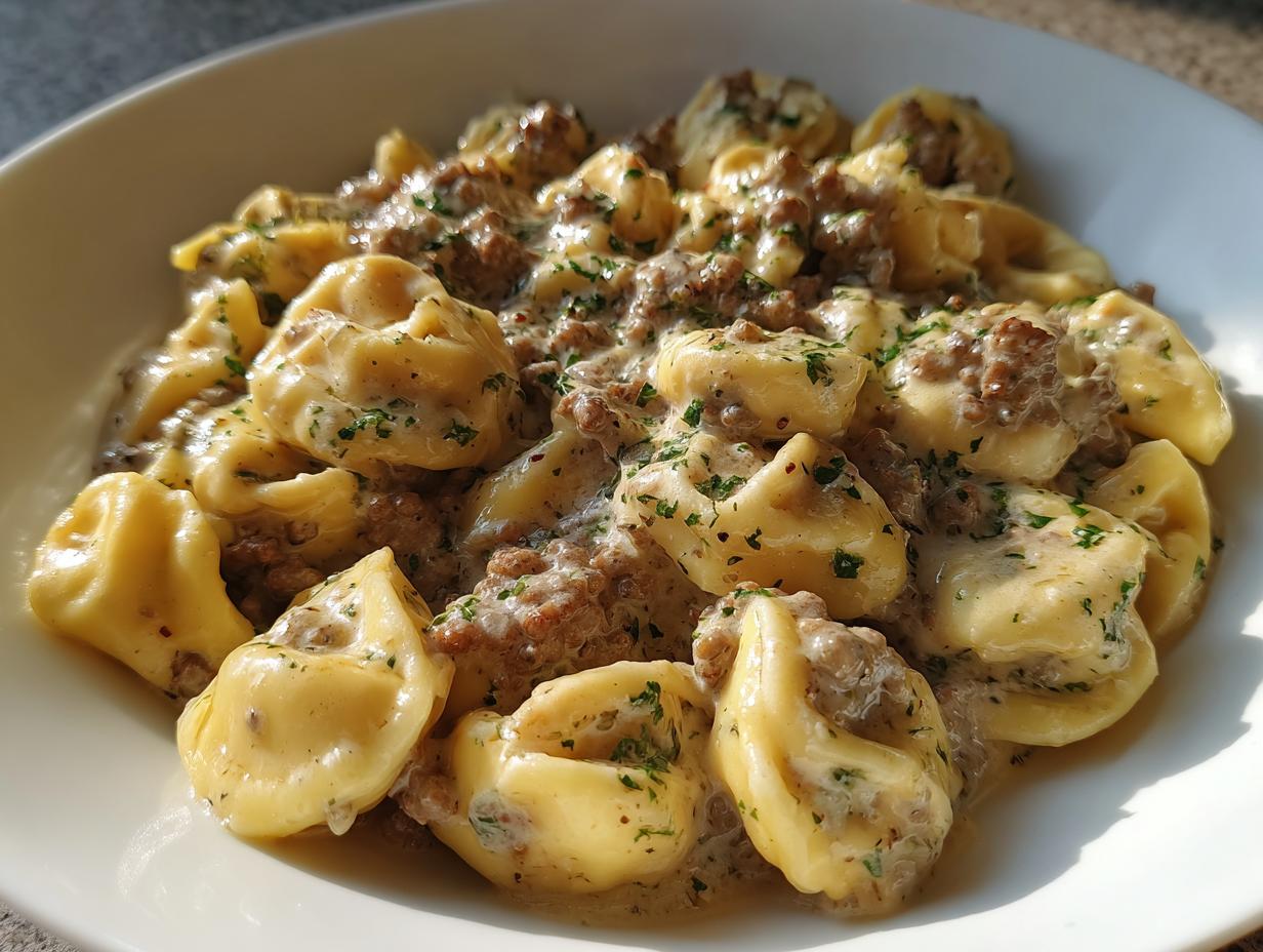 Nahaufnahme von Tortellini mit Hackfleisch in einer cremigen Kräutersahnesauce, serviert in einer weißen Schale.