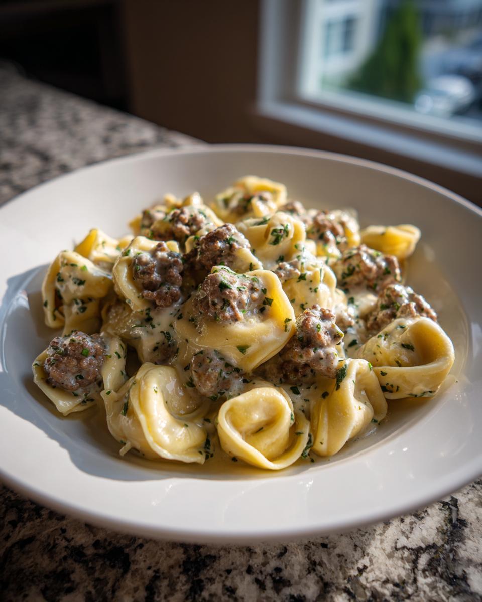 Nahaufnahme von Tortellini mit Hackfleisch in cremiger Kräutersahnesauce, serviert in einem weißen Teller.