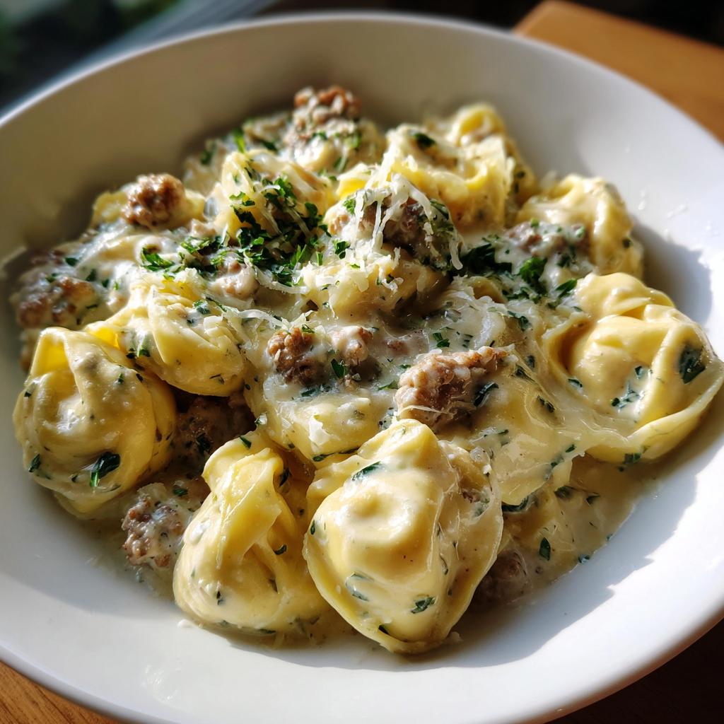 Nahaufnahme von Tortellini mit Hackfleisch in cremiger Kräutersahnesauce, bestreut mit Parmesan und Petersilie.