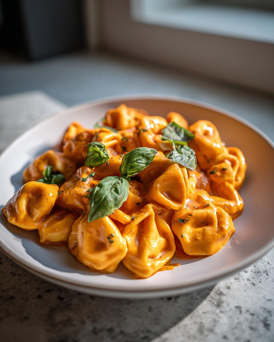 Nahaufnahme von cremigen Tortellini in Tomatenbutter, garniert mit frischen Basilikumblättern.