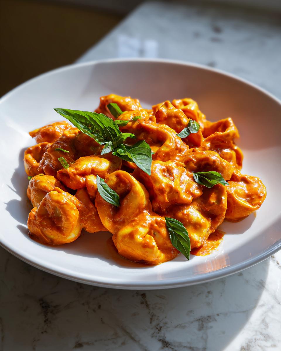 Nahaufnahme von cremigen Tortellini in Tomatenbutter, garniert mit frischen Basilikumblättern.