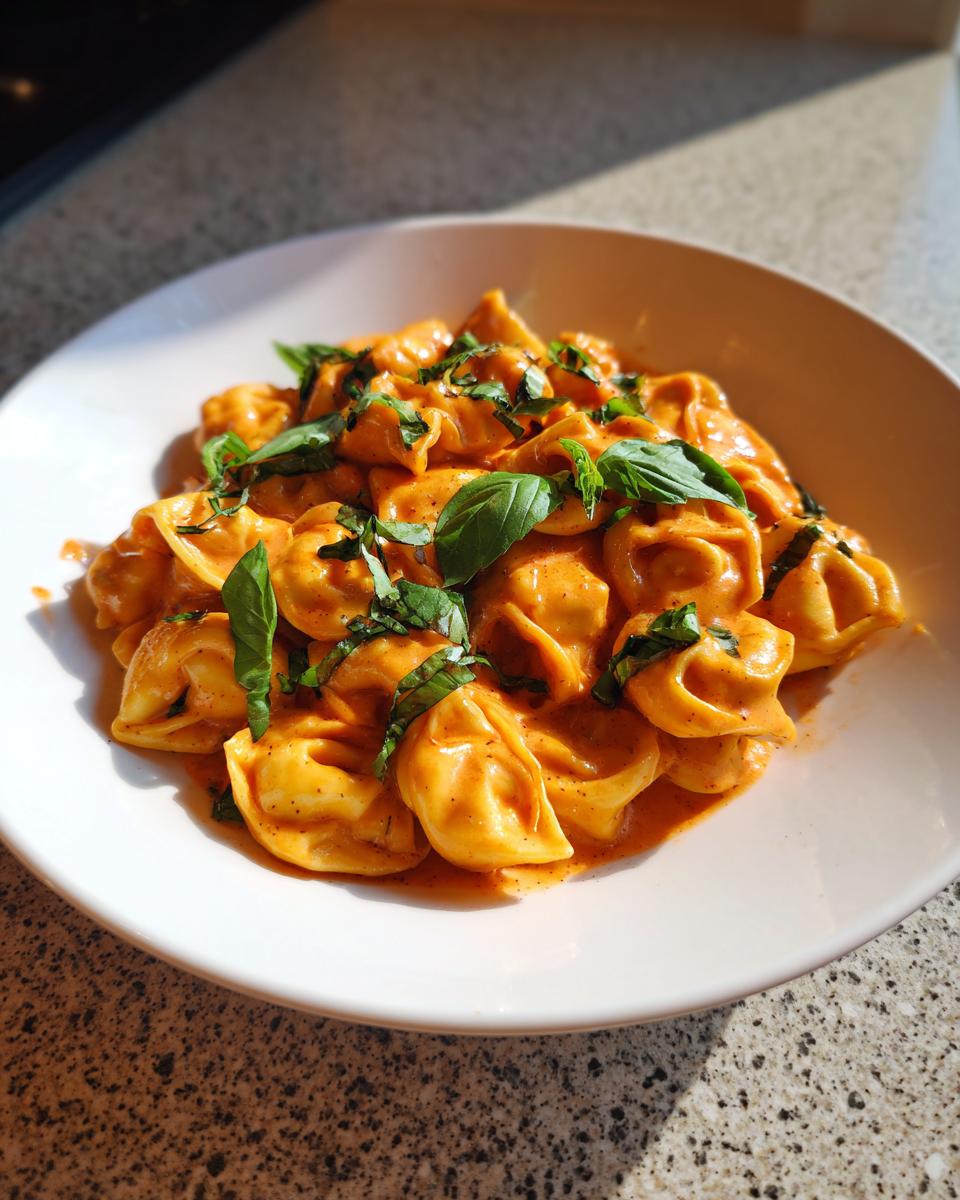 Nahaufnahme von cremigen Tortellini in Tomatenbutter, garniert mit frischen Basilikumblättern.