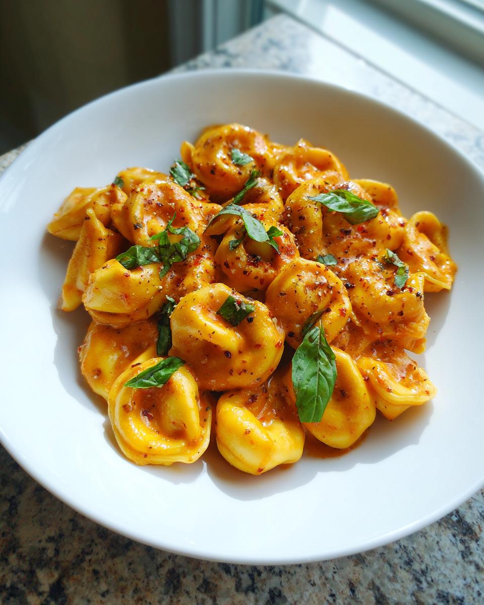 Nahaufnahme von leckeren Tortellini in Tomatenbutter, garniert mit frischem Basilikum und Chili.
