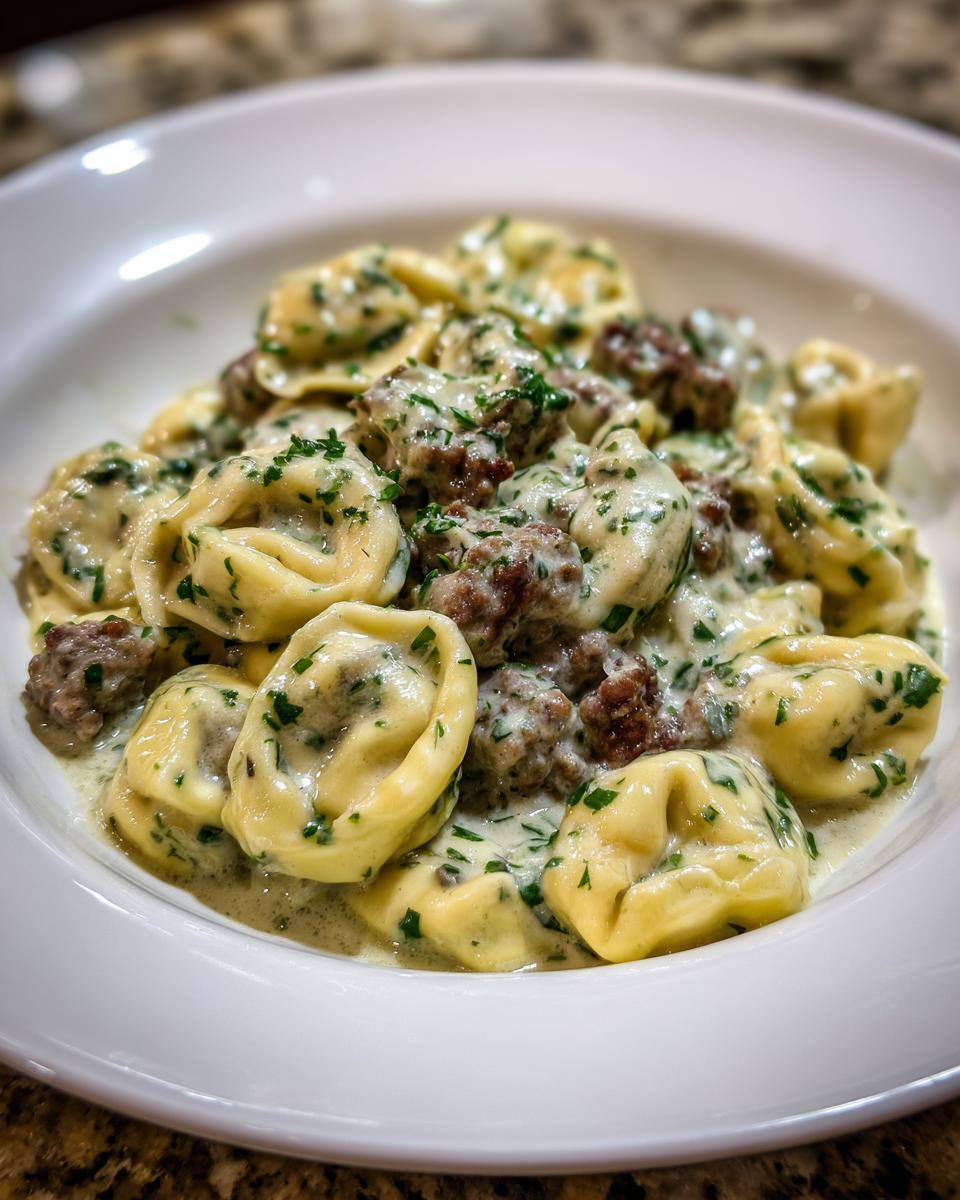 Ein Teller mit cremigen Tortellini mit Hackfleisch in Kräutersahne, reichlich mit frischer Petersilie bestreut.