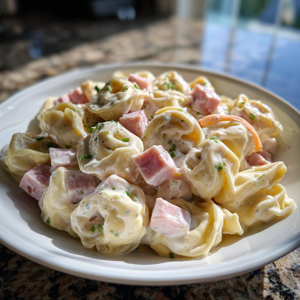 Nahaufnahme von cremigen Tortellini mit Schinken-Frischkäse, garniert mit Schnittlauch, in einem weißen Teller.