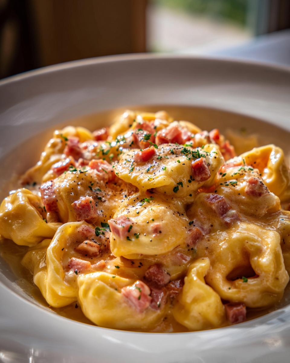 Nahaufnahme von cremigen Tortellini mit Schinken-Sahne, bestreut mit Petersilie und Pfeffer.