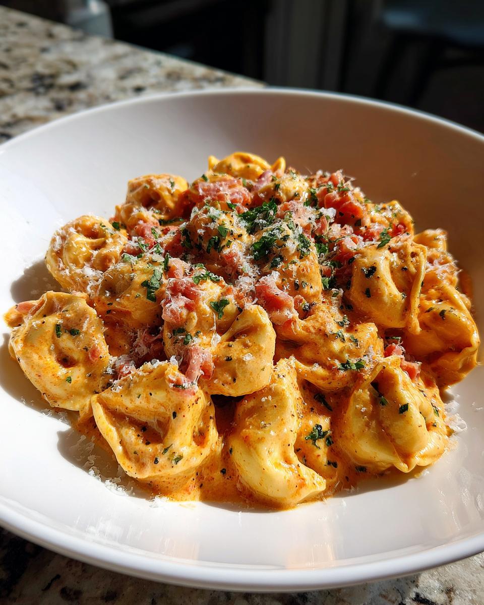 Nahaufnahme von cremigen Tortellini mit Schinken-Sahne, bestreut mit Parmesan und Petersilie.