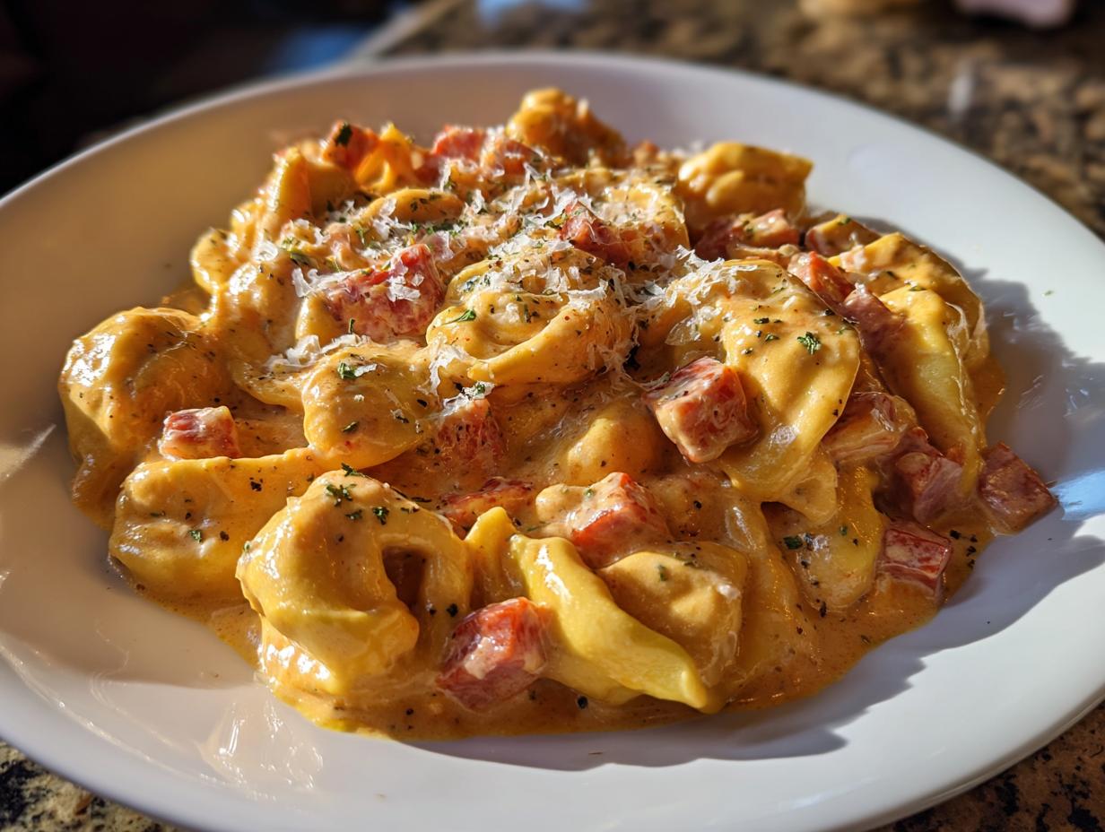 Nahaufnahme von Tortellini mit Schinken-Sahne in einer cremigen, orangen Soße, bestreut mit Parmesan.