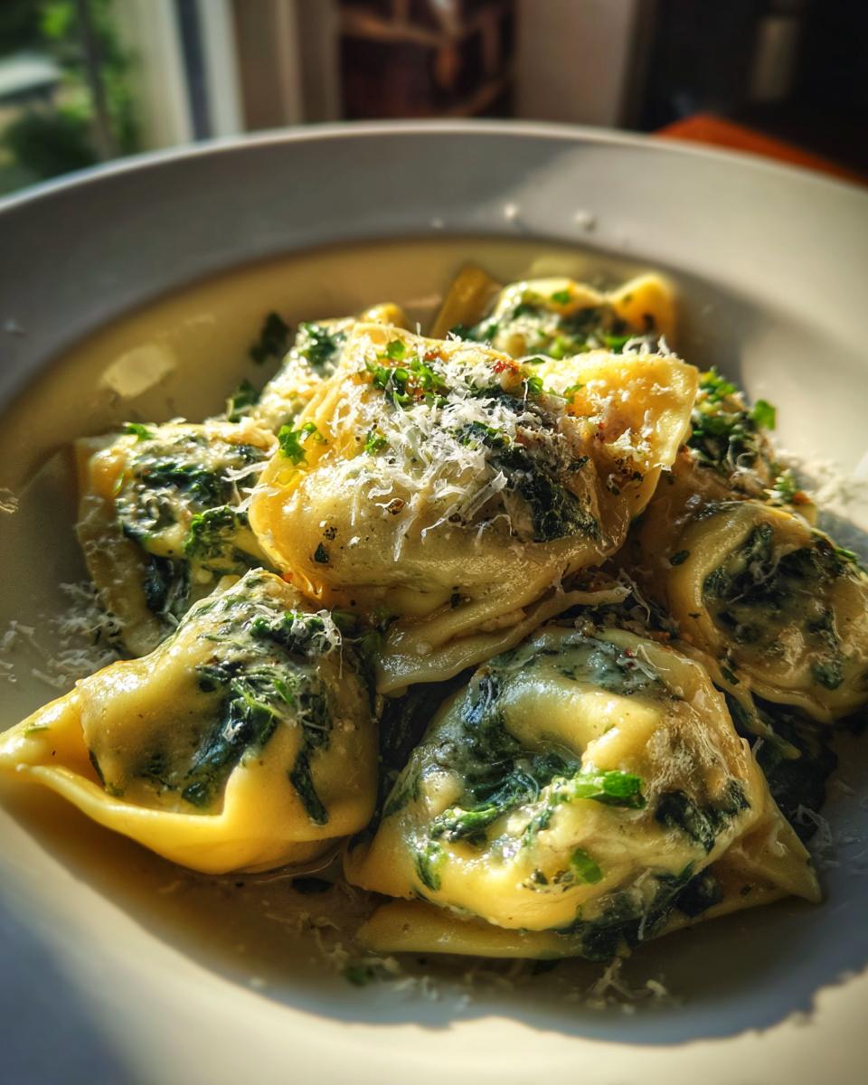 Nahaufnahme von saftigen Tortellini mit Spinat-Frischkäse Füllung, bestreut mit Parmesan.