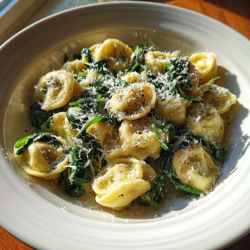 Nahaufnahme von Tortellini mit Spinat-Frischkäse, reichlich bestreut mit frisch geriebenem Parmesan.