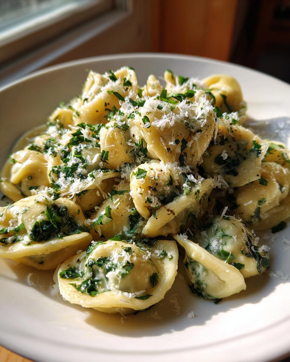 Nahaufnahme von cremigen Tortellini mit Spinat-Frischkäse, bestreut mit Parmesan und Petersilie.
