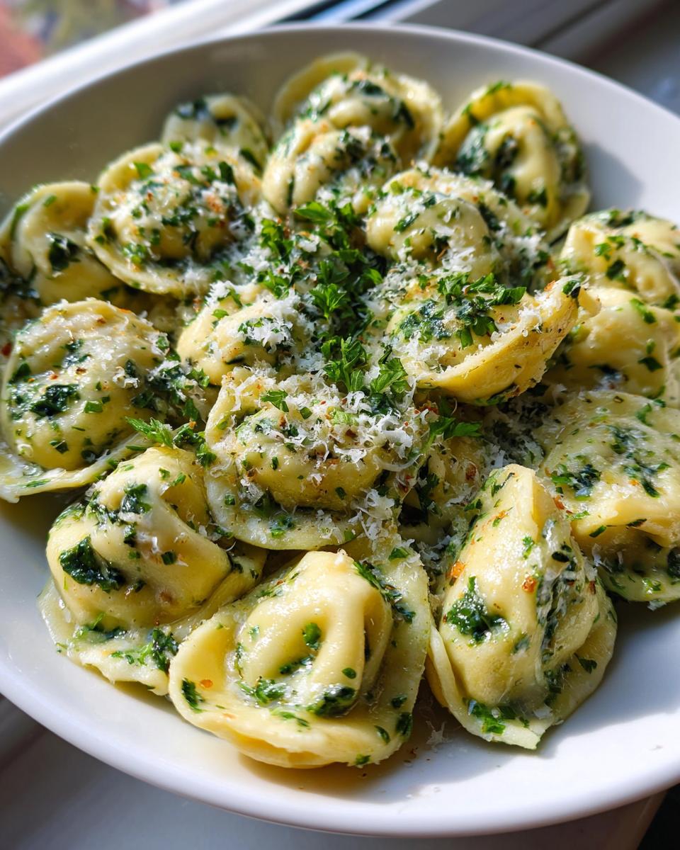 Nahaufnahme von cremigen Tortellini mit Spinat-Frischkäse, bestreut mit Parmesan und Petersilie.