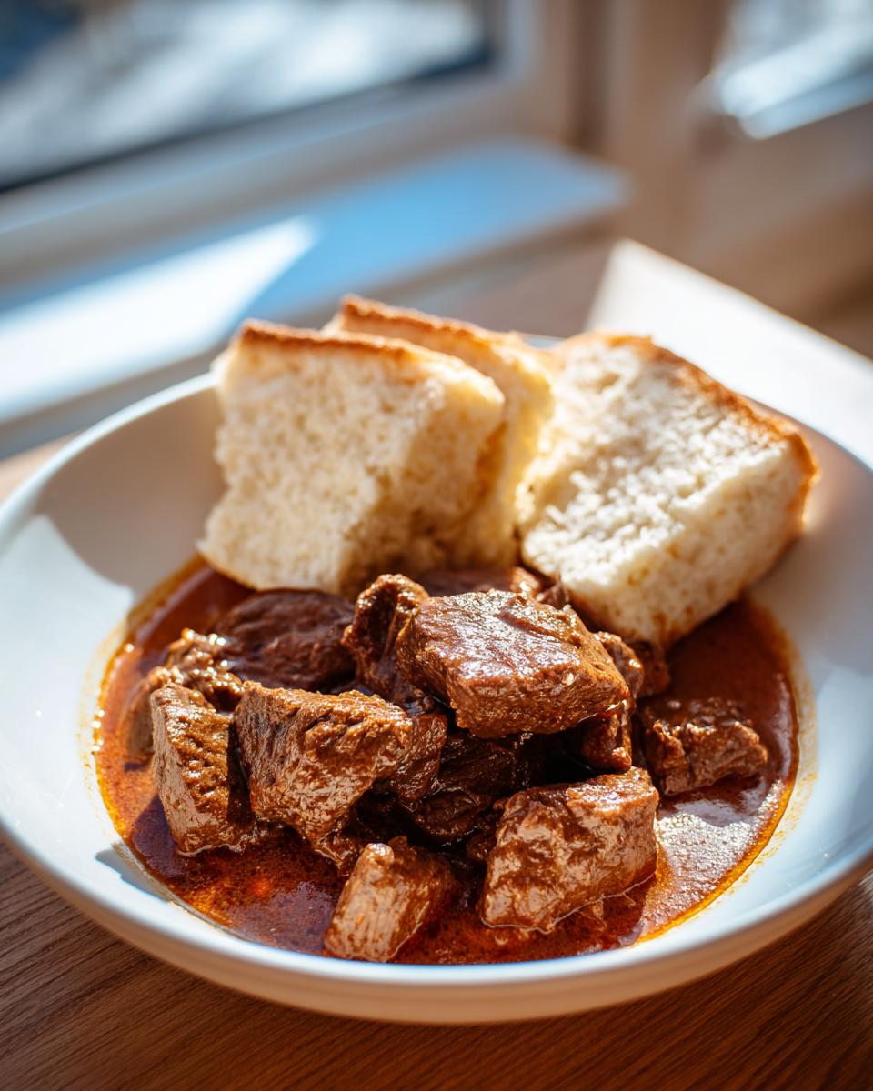 Nahaufnahme von saftigem Tschechischer Rindergulasch mit Fleischstücken und dazu servierten hellen Knödeln.