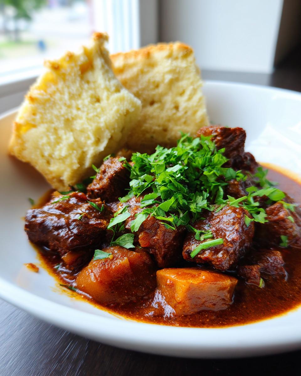 Nahaufnahme von Tschechischer Rindergulasch mit Knödeln, reichhaltig und dunkel, garniert mit frischer Petersilie.