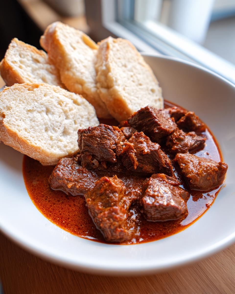 Nahaufnahme von Tschechischer Rindergulasch mit dunkler, würziger Soße und Scheiben Weißbrot.