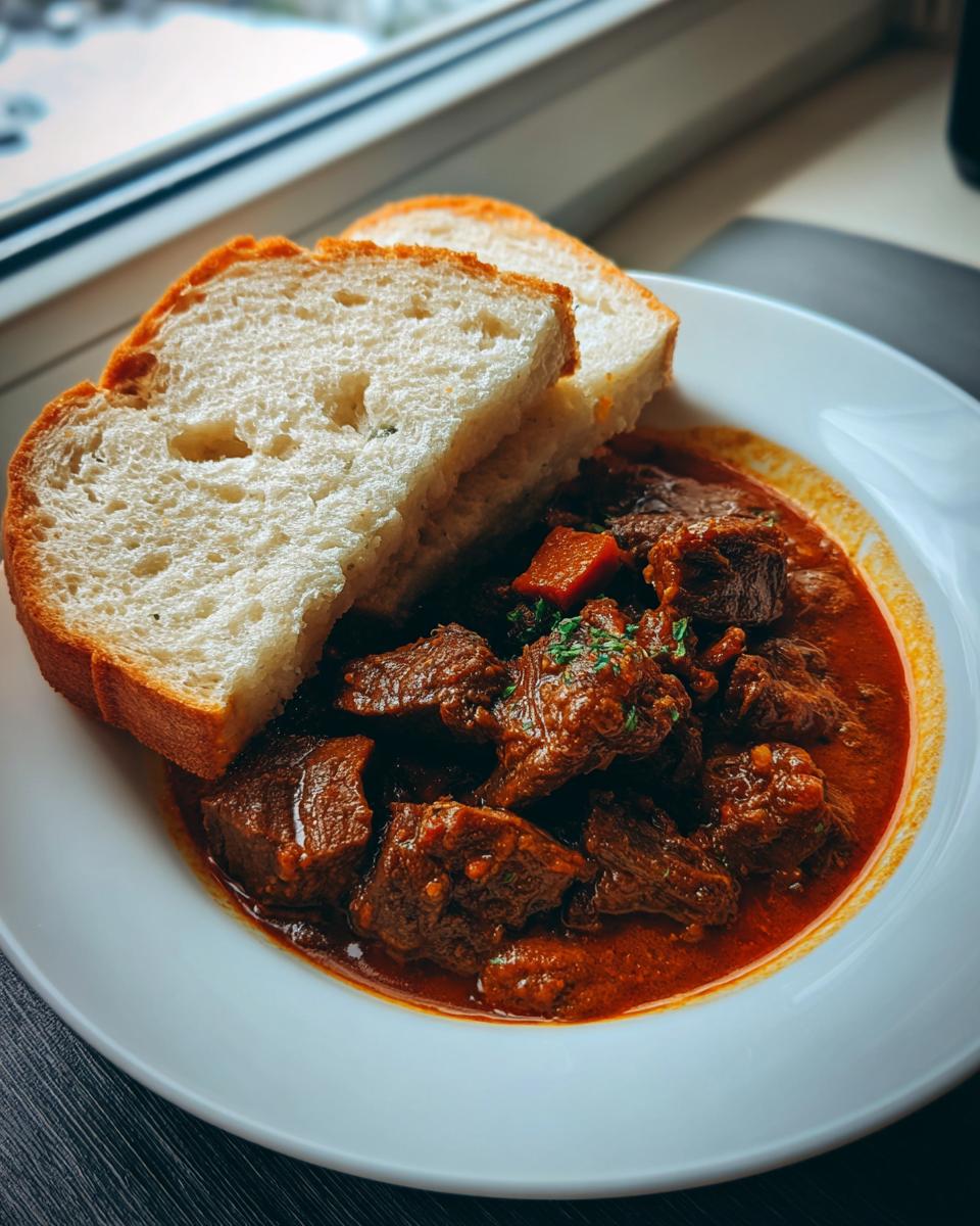 Ein Teller mit reichhaltigem Tschechischer Rindergulasch mit Knödeln (hier durch frisches Weißbrot ersetzt) und dunkler Soße.