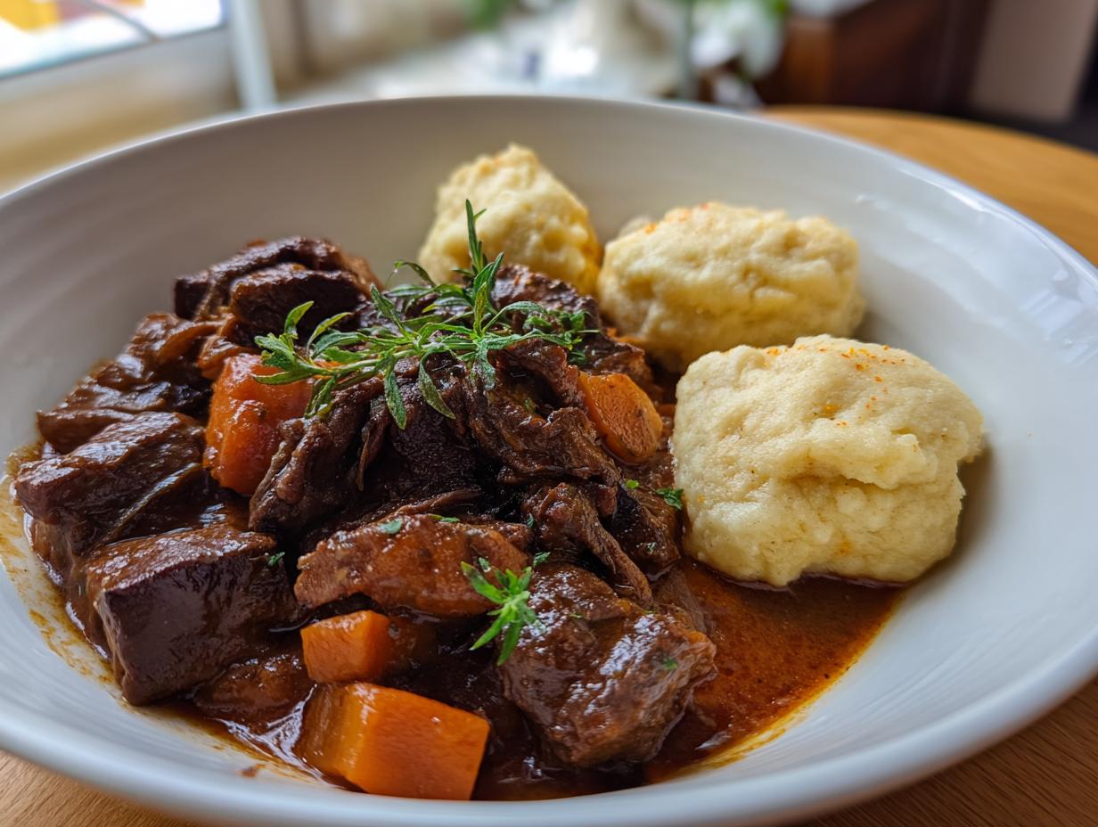 Ein Teller mit saftigem Tschechischer Rindergulasch mit Knödeln, garniert mit frischen Kräutern.