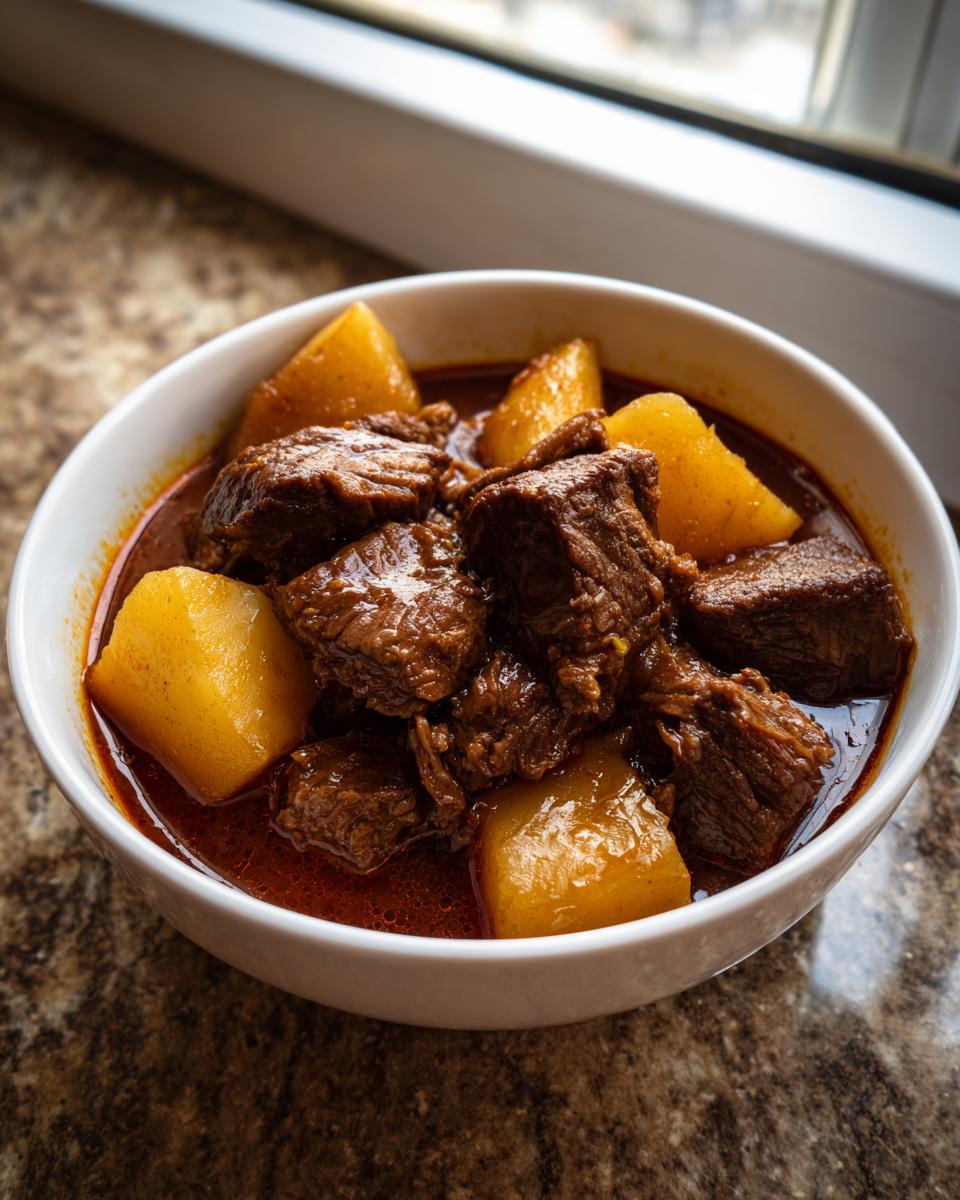 Nahaufnahme von saftigem Rindfleisch und großen Kartoffelstücken im Ungarischen Rinderschmorgericht mit Kartoffeln in einer weißen Schüssel.