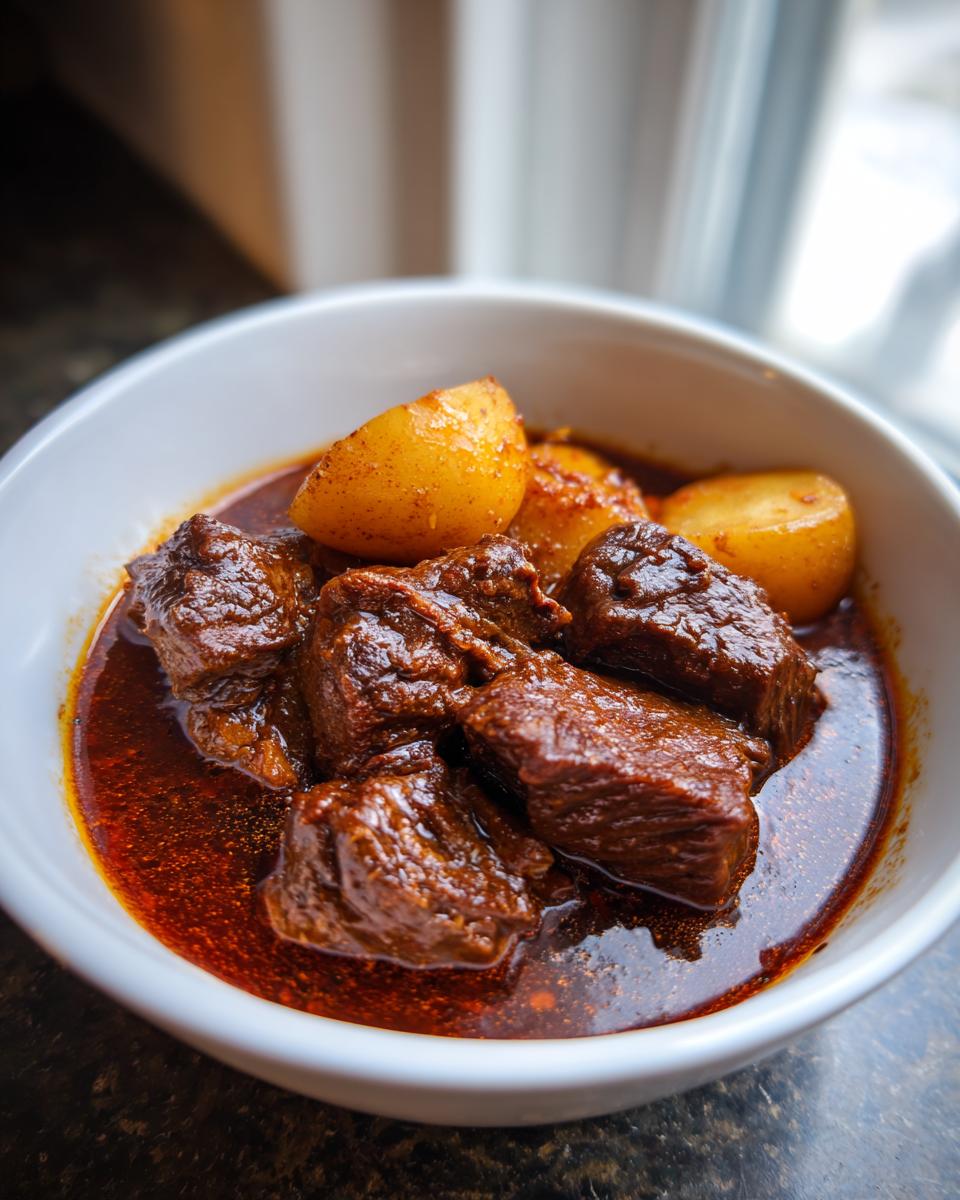 Ein weißer Teller mit saftigen Stücken vom Ungarischen Rinderschmorgericht mit Kartoffeln in einer tiefroten Soße.