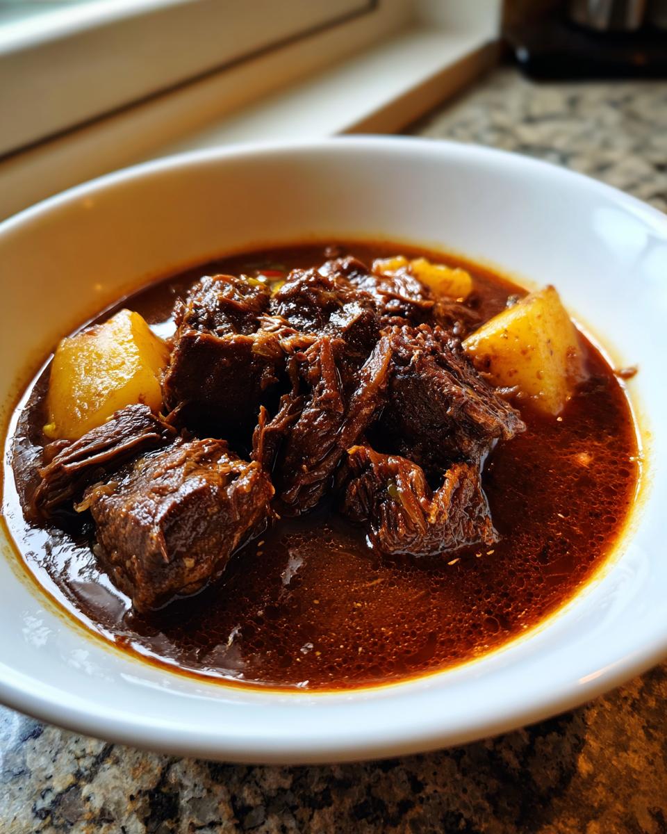 Nahaufnahme vom saftigen Ungarischen Rinderschmorgericht mit Kartoffelstücken in dunkler, würziger Sauce.