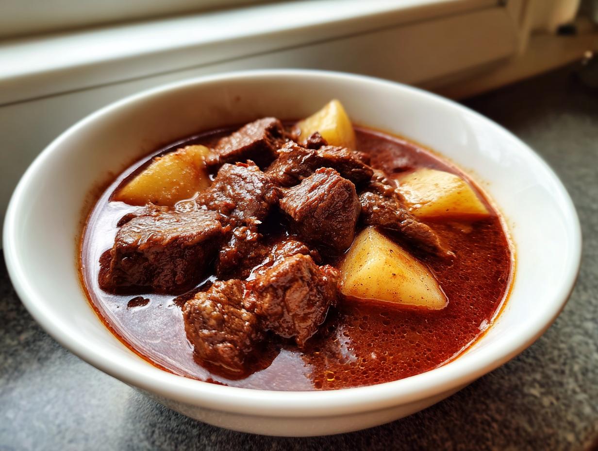 Nahaufnahme eines tiefroten Ungarisches Rinderschmorgericht mit Kartoffeln in einer weißen Schüssel.