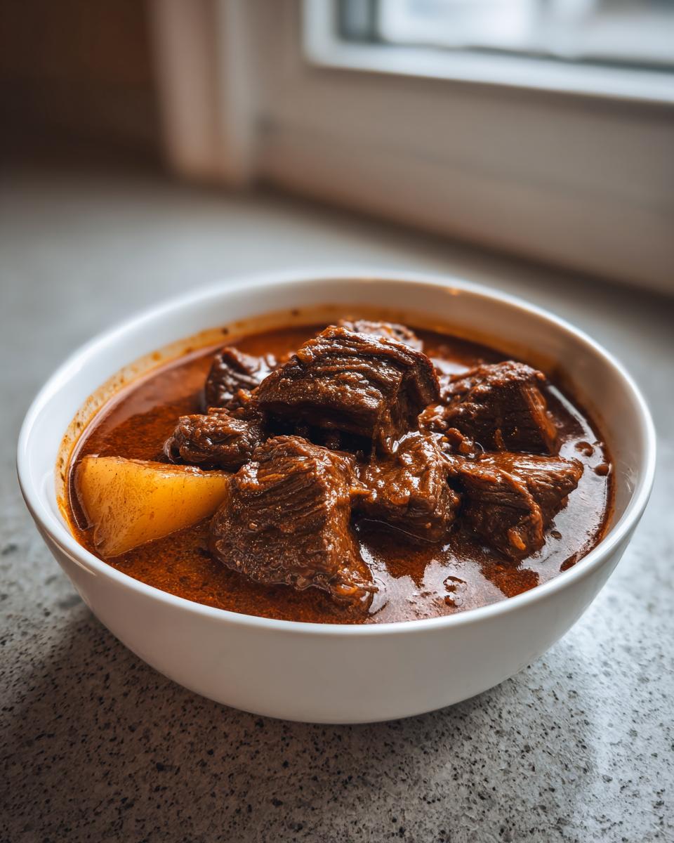 Nahaufnahme von saftigen Fleischstücken in einer tiefroten Sauce mit Kartoffeln im Ungarisches Rinderschmorgericht mit Kartoffeln.