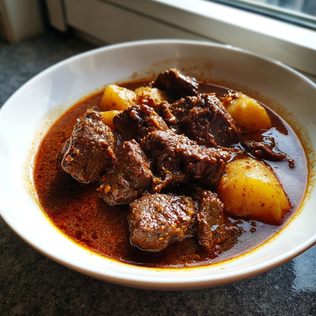 Ein Teller mit saftigem Ungarisches Rinderschmorgericht mit Kartoffeln in einer tiefroten, würzigen Sauce.