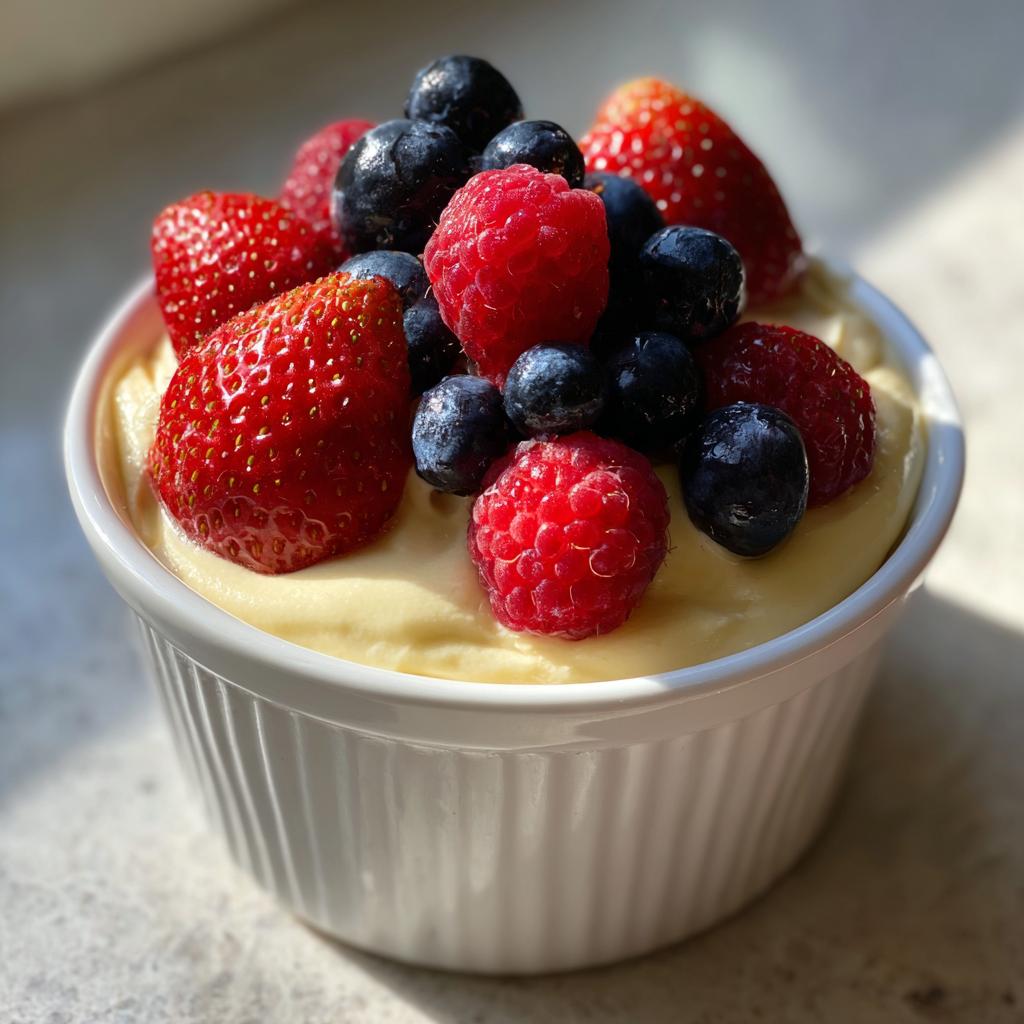 Ein cremiger Vanillepudding mit Beeren, garniert mit Erdbeeren, Himbeeren und Blaubeeren in einer weißen Schale.