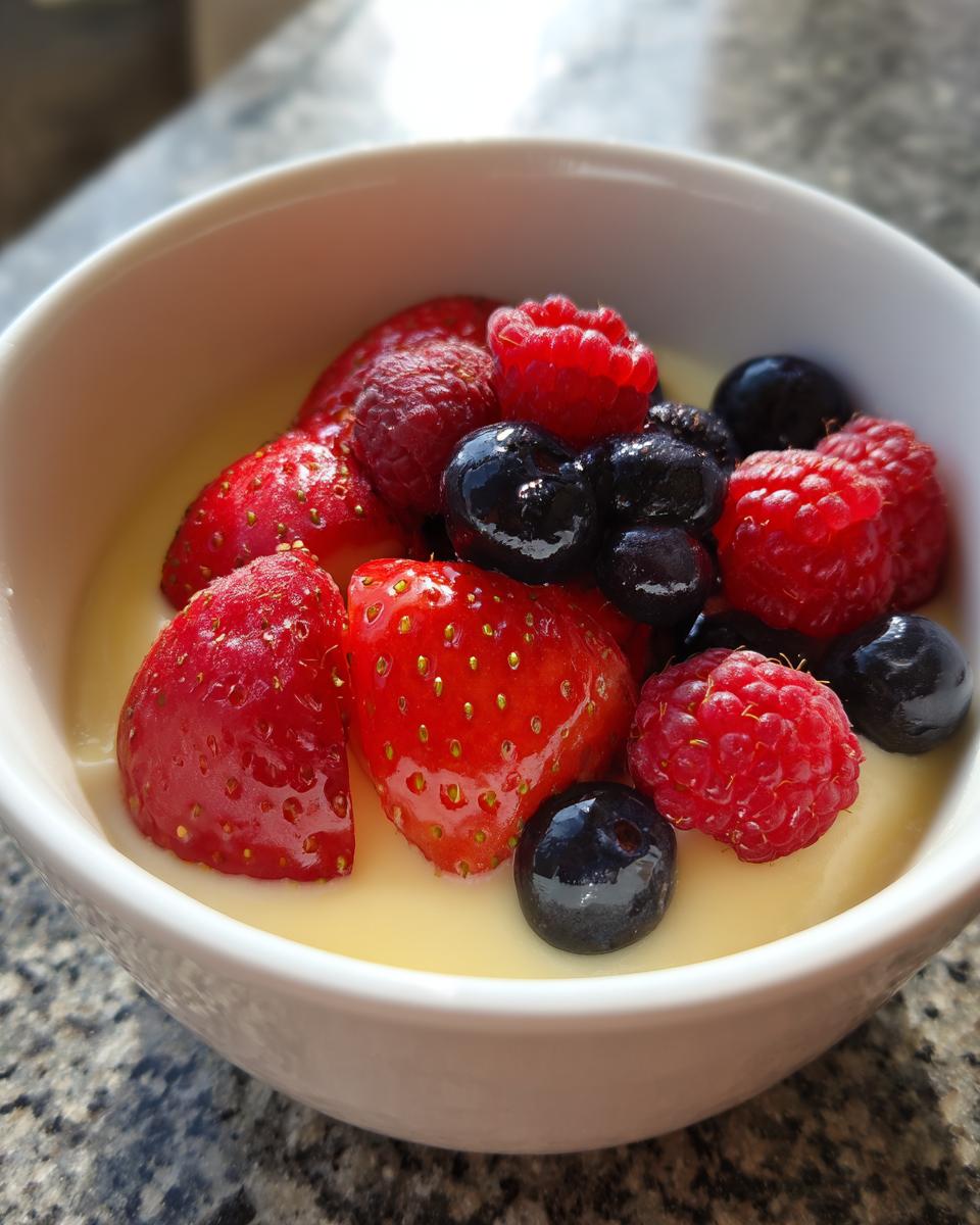 Cremiger Vanillepudding mit frischen Erdbeeren, Himbeeren und Blaubeeren – unser leckerer Vanillepudding mit Beeren.