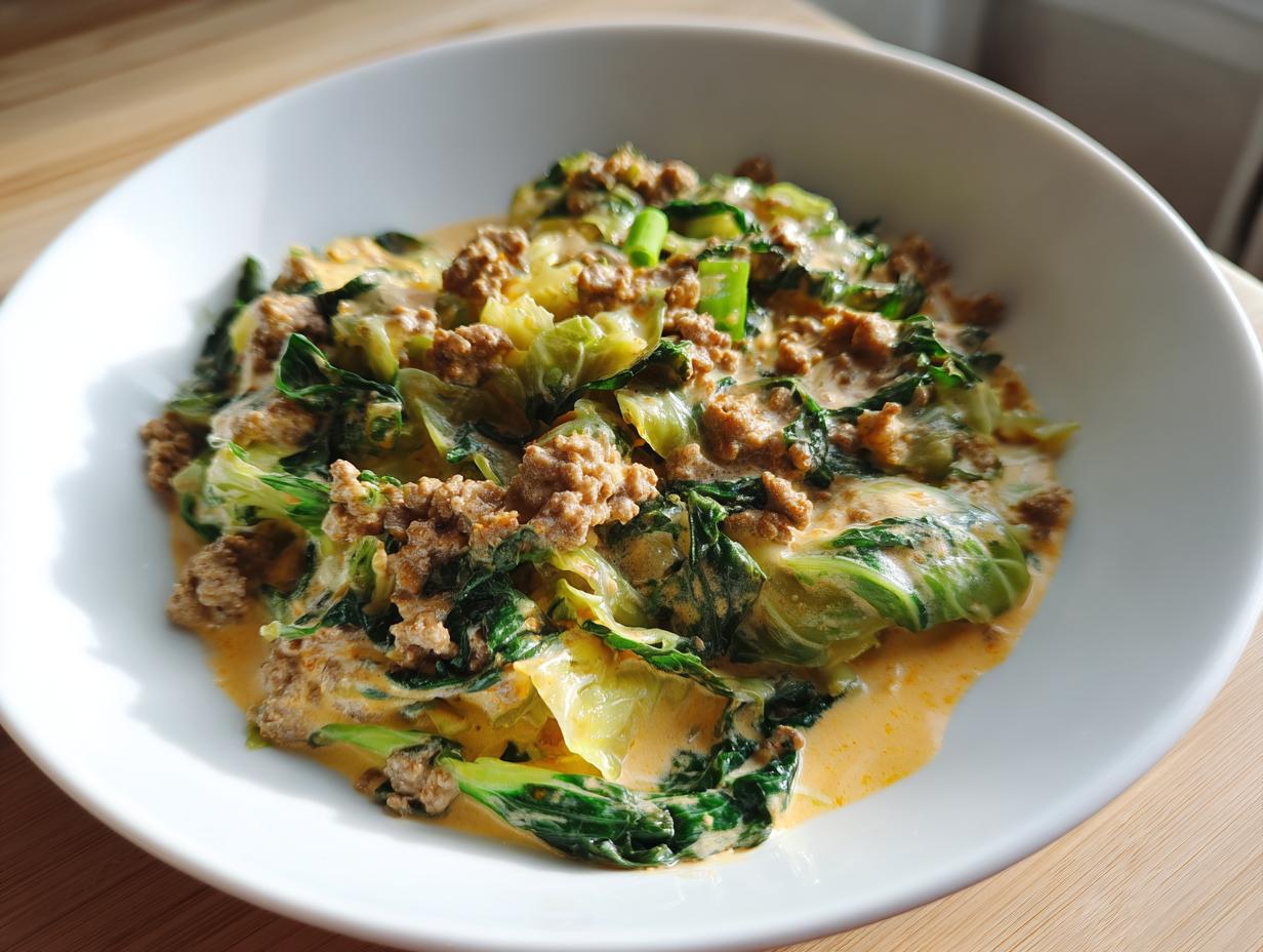Nahaufnahme einer Wirsing-Hackfleisch-Pfanne in Sahne in einer weißen Schüssel, appetitlich angerichtet.