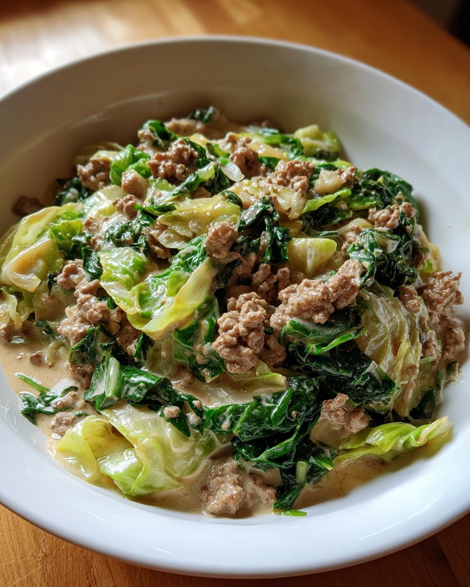 Nahaufnahme einer cremigen Wirsing-Hackfleisch-Pfanne in Sahne, serviert in einer weißen Schüssel.
