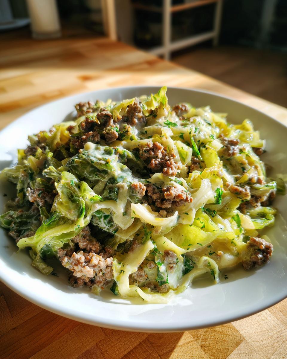 Nahaufnahme einer Wirsing-Hackfleisch-Pfanne in Sahne in einer weißen Schüssel auf einem Holztisch.