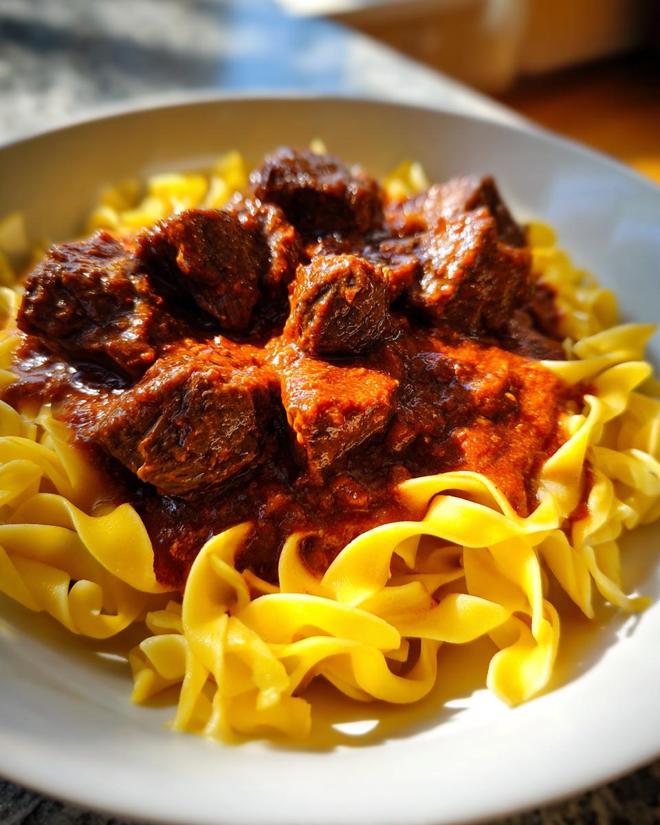 Nahaufnahme von zartem Gulasch mit Nudeln, bedeckt mit einer reichen, roten Soße.