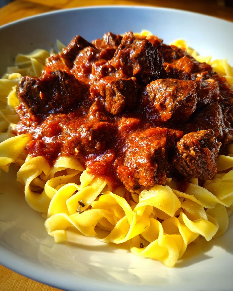 Ein Teller mit zartem Gulasch mit Nudeln, reichlich bedeckt mit dunkler, würziger Sauce.