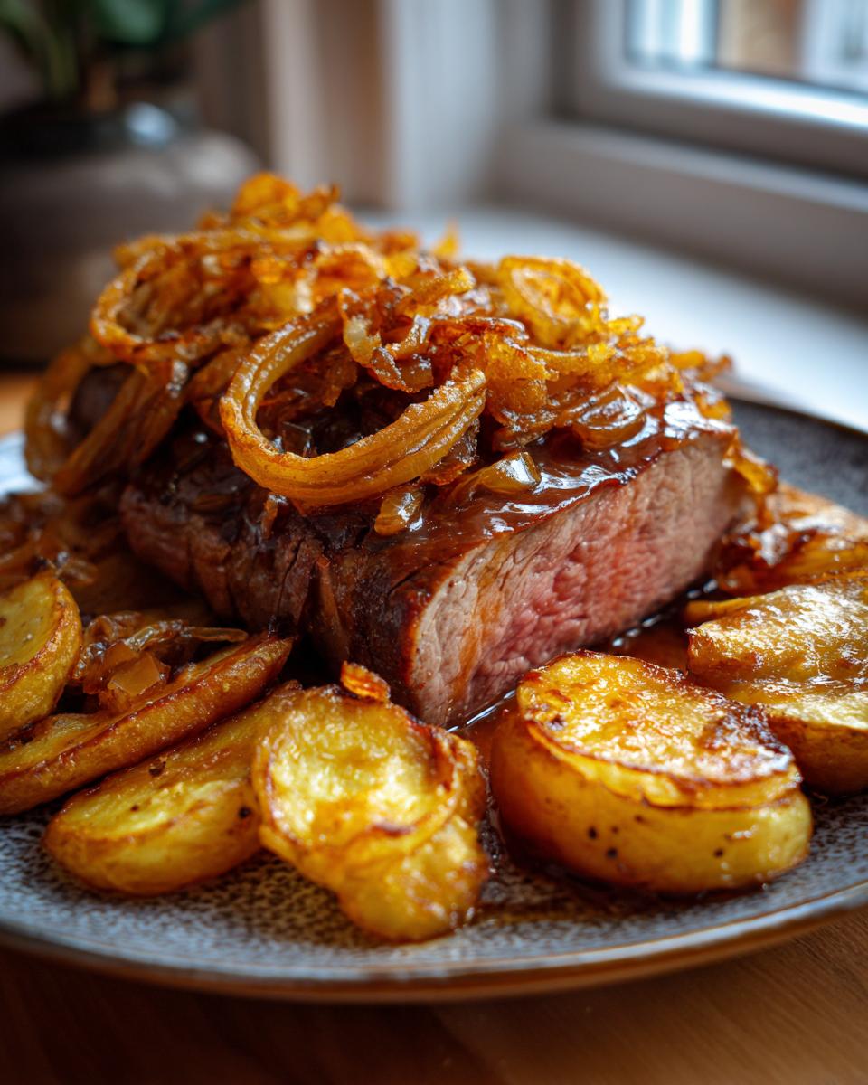 Ein saftiges Stück Zwiebelrostbraten mit krossen Röstzwiebeln und goldbraunen Bratkartoffeln auf einem Teller.