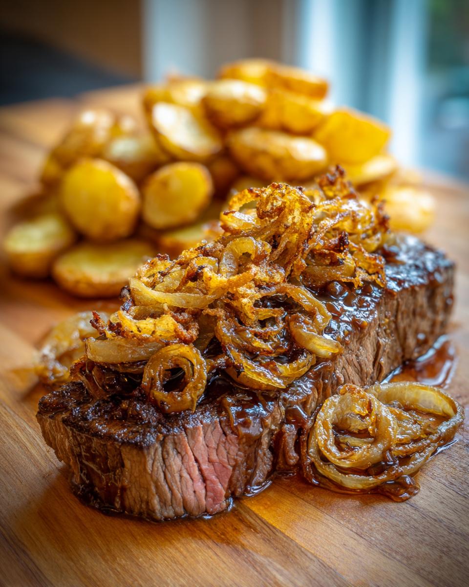 Saftiger Zwiebelrostbraten mit dunkler Soße und knusprigen Röstzwiebeln, dazu Bratkartoffeln.