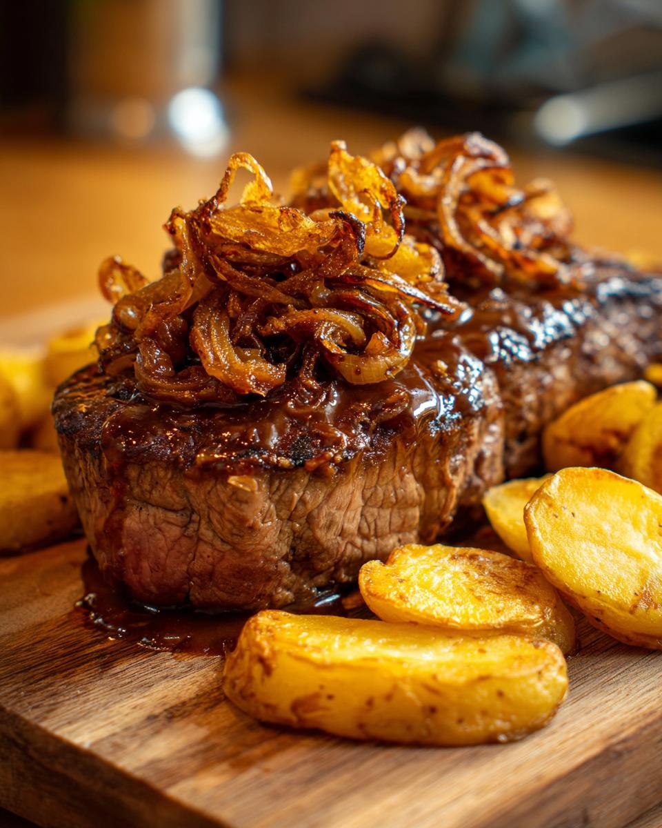 Nahaufnahme von saftigem Zwiebelrostbraten mit knusprigen Röstzwiebeln und Bratkartoffeln.
